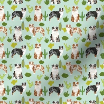 australian shepherds (smaller scale) dog cute cactus fabric mint dogs blue merle red merle dog fabric cute aussie dog gift fabrics