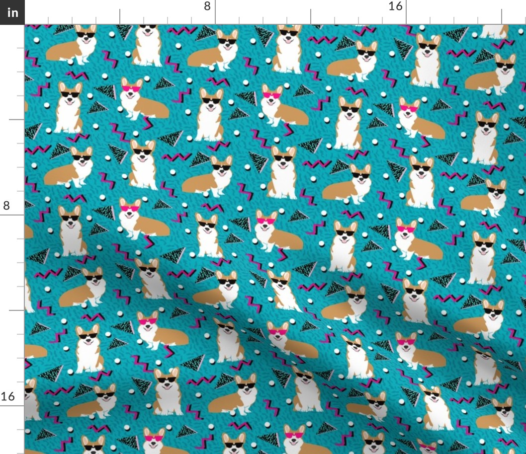 corgi rad 80s retro dog fabric blue