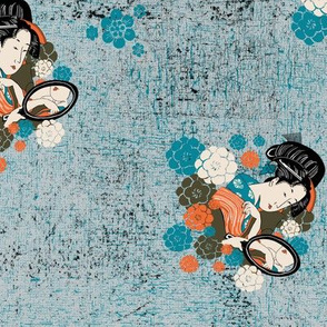 Geisha on turquoise textured background
