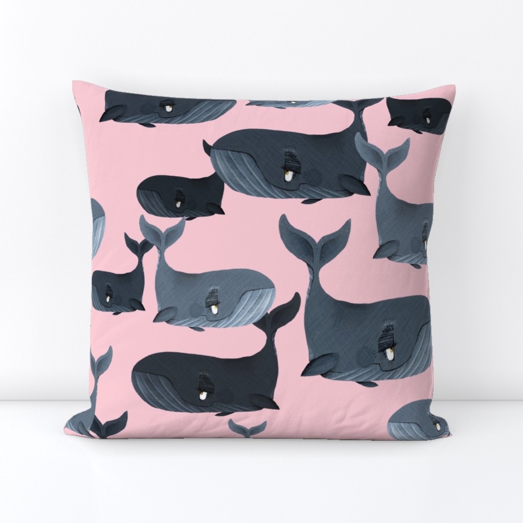 Calm Blue Whales - Larger Scale on Light Pink