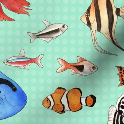 Tropical Fish on spotty aqua background