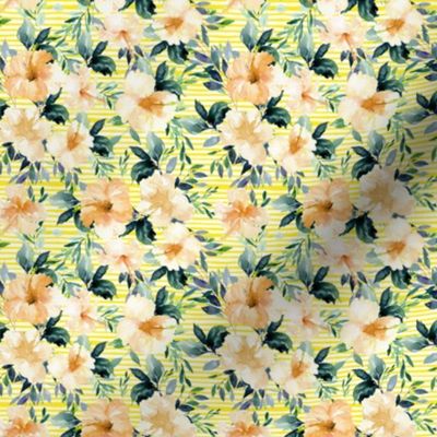 4" Peach Summer Florals - Bright Yellow Stripes