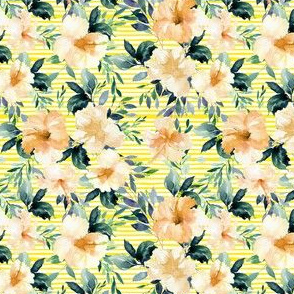 4" Peach Summer Florals - Bright Yellow Stripes