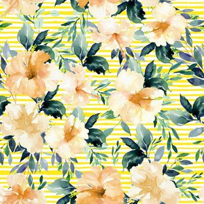 8" Peach Summer Florals - Bright Yellow Stripes