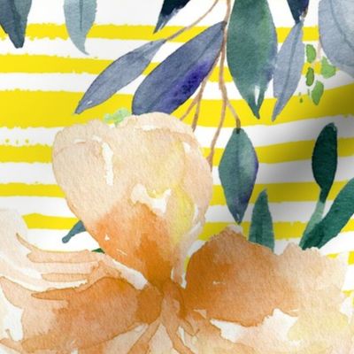 36" Peach Summer Florals - Bright Yellow Stripes