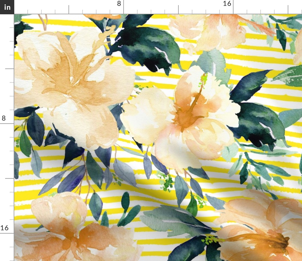 36" Peach Summer Florals - Bright Yellow Stripes