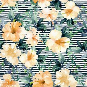 36" Peach Summer Florals - Dark Green Stripes