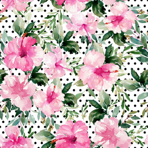 36" Pink Summer Florals - Black Polka Dots