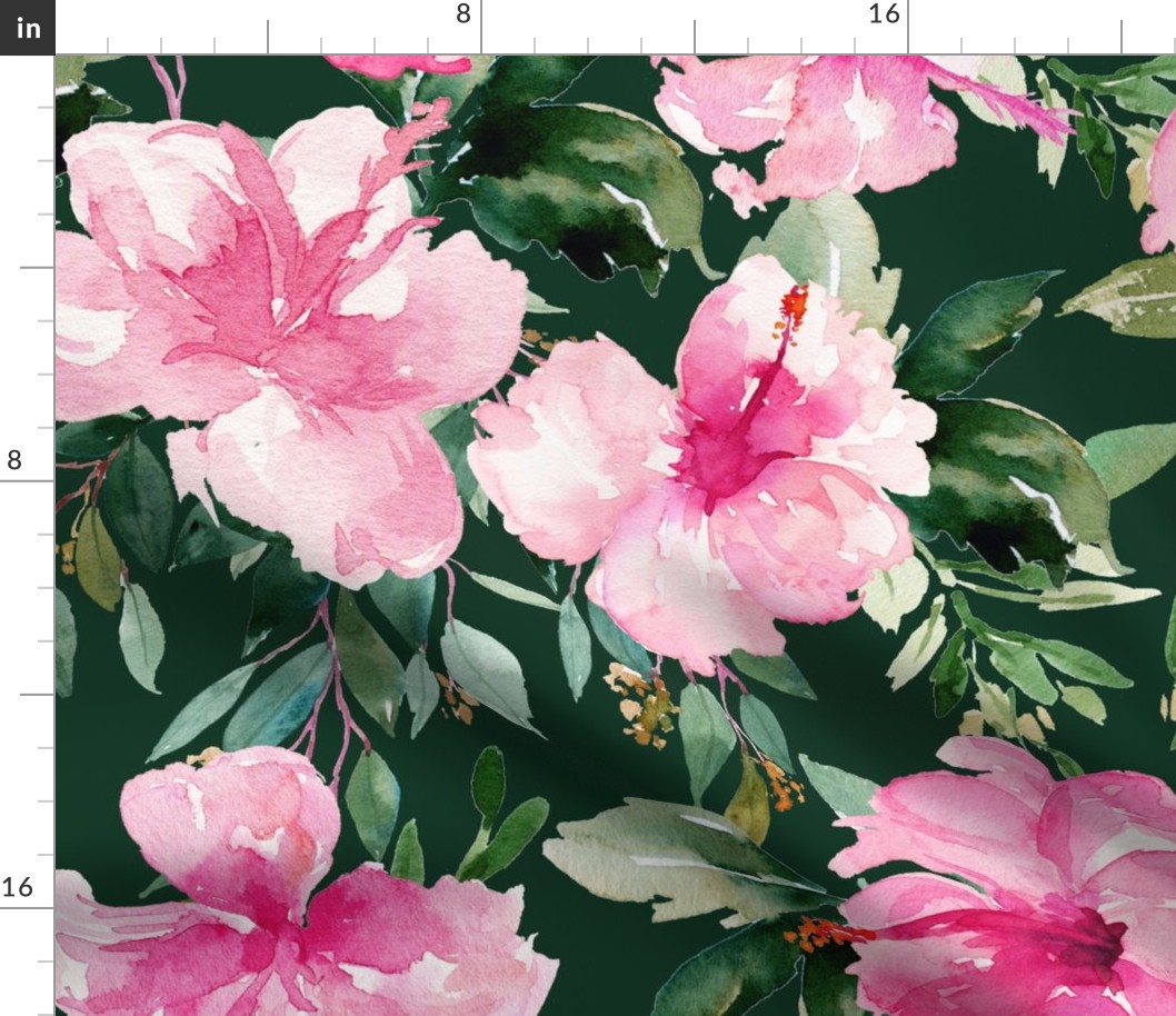 36" Pink Summer Florals - Dark Green