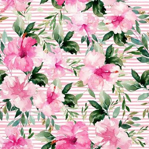 8" Pink Summer Florals - Dark Pink Stripes