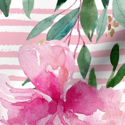 36" Pink Summer Florals - Dark Pink Stripes
