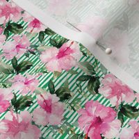 4" Pink Summer Florals - Green Stripes