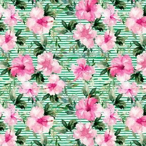 4" Pink Summer Florals - Green Stripes