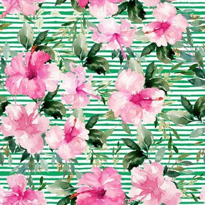 8" Pink Summer Florals - Green Stripes