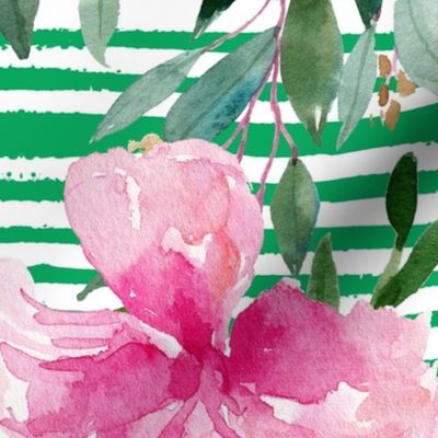 36" Pink Summer Florals - Green Stripes