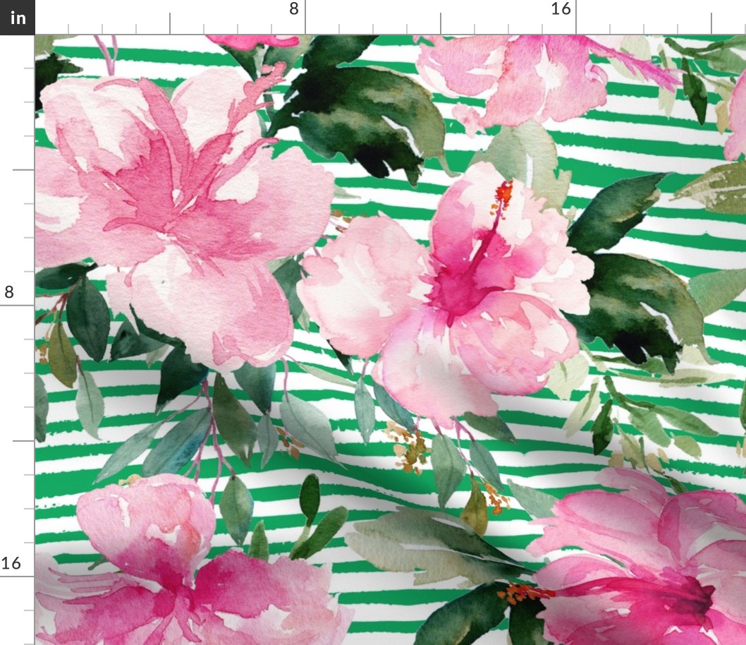 36" Pink Summer Florals - Green Stripes