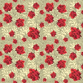 Tiny Watercolor Red Roses on Creamy Faux  Stippled and Feathered Background