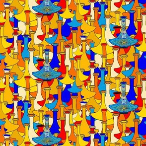 North African moroccan marrakesh hookah vases, small scale, blue yellow orange red