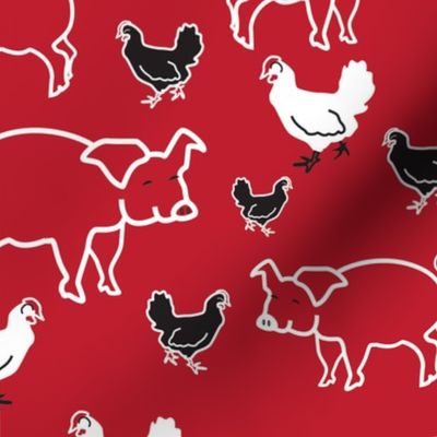 On the farm / Red background / Pigs and Chickens Farm Animals-ed