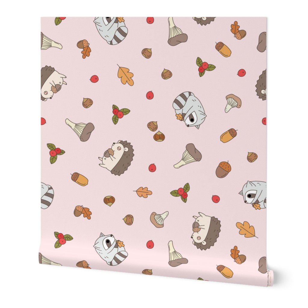 Hedgehog and Raccoon Pattern in baby pink, small