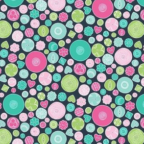 Vintage Buttons Pink and Green on Dark Charcoal Grey