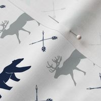 elk, bear, and arrows - navy, blue, grey