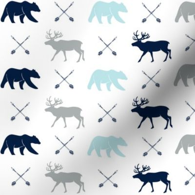 elk, bear, and arrows - navy, blue, grey