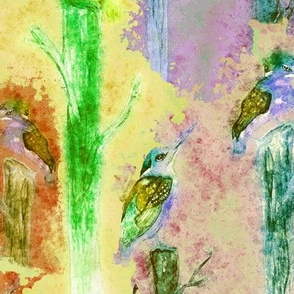 watercolor kingfisher birds tweet talk yellow green