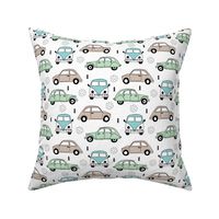 Cool vw bus and fiat 500 on the road vintage cars collection with geometric details for fashion and nursery boys mint blue Medium