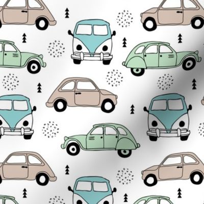 Cool vw bus and fiat 500 on the road vintage cars collection with geometric details for fashion and nursery boys mint blue Medium