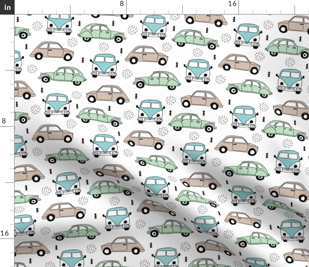 Cool vw bus and fiat 500 on the road vintage cars collection with geometric details for fashion and nursery boys mint blue Medium
