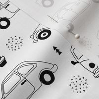 Cool on the road vintage cars collection with geometric details for fashion and nursery gender neutral monochrome black and white