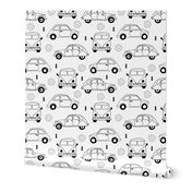 Cool on the road vintage cars collection with geometric details for fashion and nursery gender neutral monochrome black and white