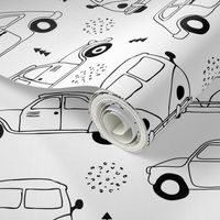 Cool on the road vintage cars collection with geometric details for fashion and nursery gender neutral monochrome black and white