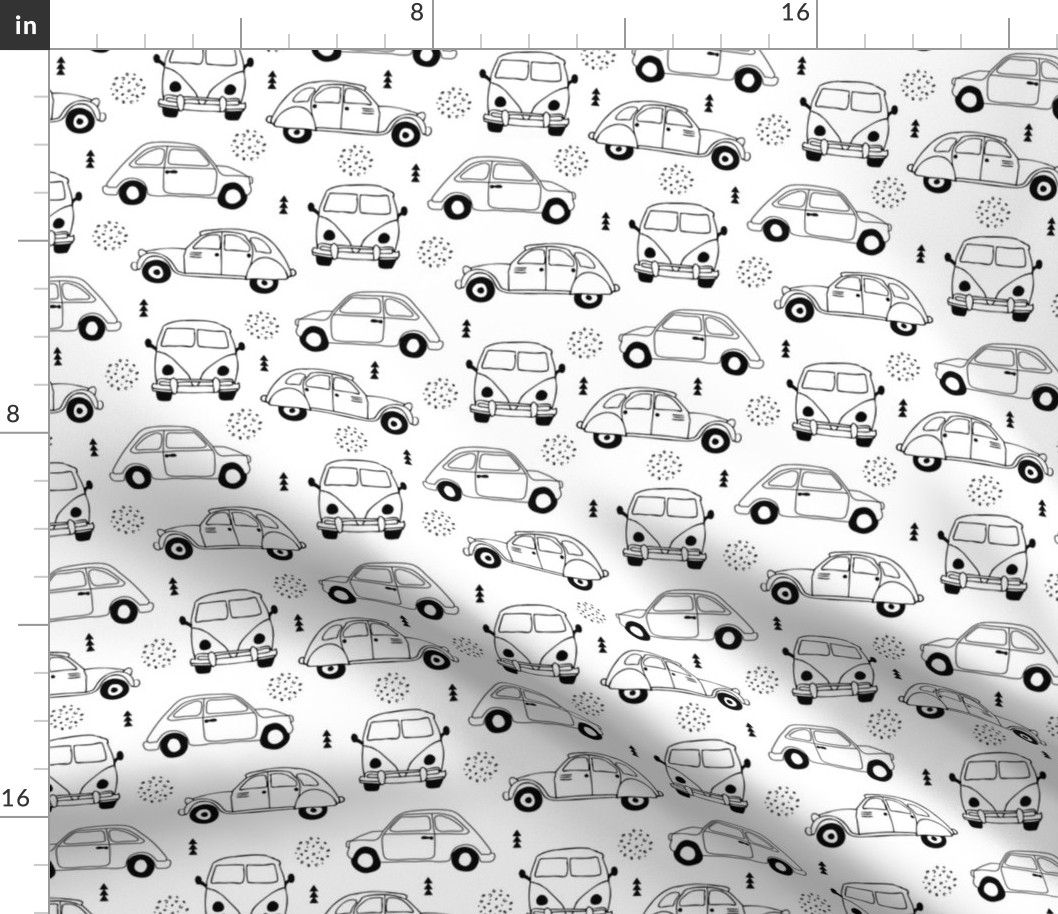 Cool on the road vintage cars collection with geometric details for fashion and nursery gender neutral monochrome black and white