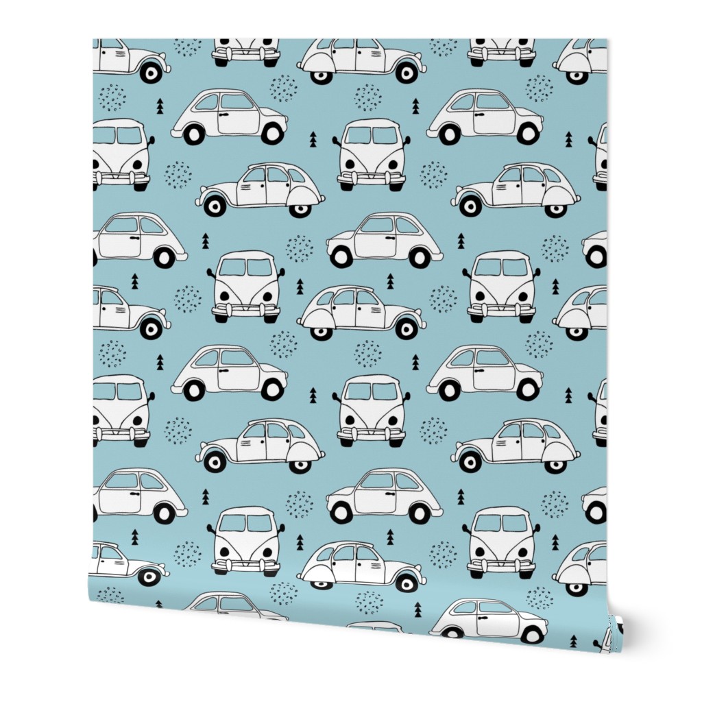 Cool on the road vintage cars collection with geometric details for fashion and nursery boys blue Medium