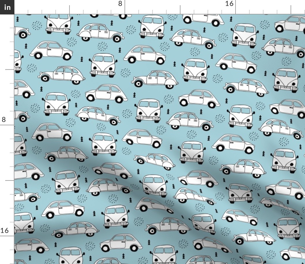 Cool on the road vintage cars collection with geometric details for fashion and nursery boys blue Medium