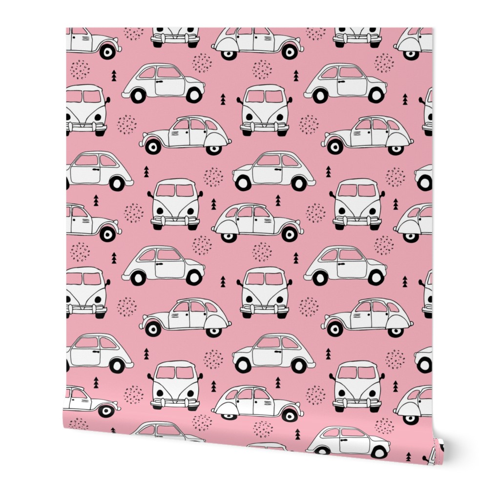 Cool on the road vintage cars collection with geometric details for fashion and nursery girls pink Medium