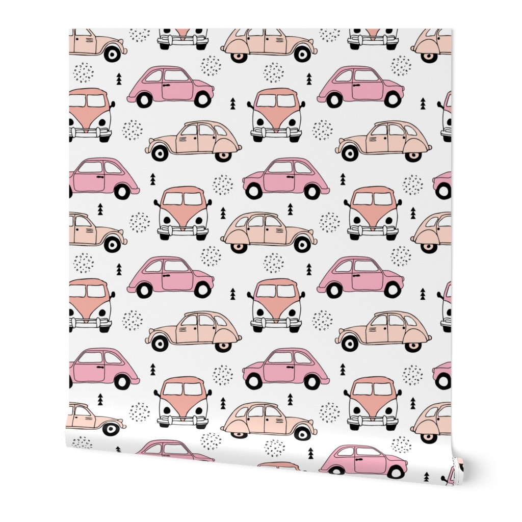 Cool on the road vintage cars collection with geometric details for fashion and nursery girls peach pink Medium