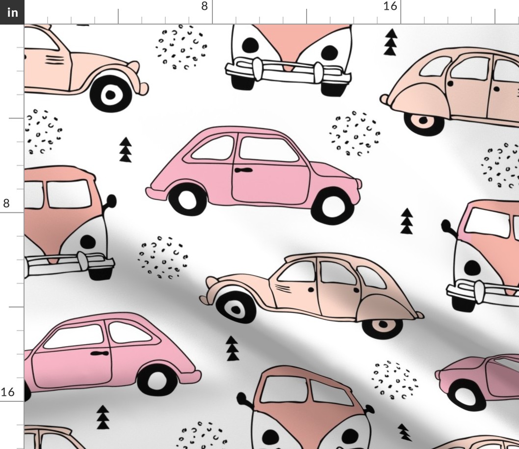 Cool on the road vintage cars collection with geometric details for fashion and nursery girls peach pink XL Jumbo