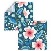 Jumbo Colorful spring flowers pink on blue