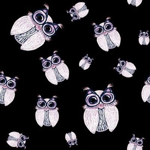 WINTER OWLS SCATTERED ON BLACK