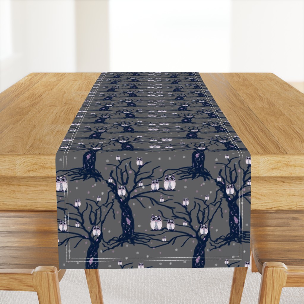 WINTER OWLS FAMILY ON TREES on light grey