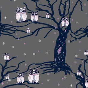 WINTER OWLS FAMILY ON TREES on light grey