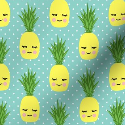 happy pineapples - dark aqua with polk dots
