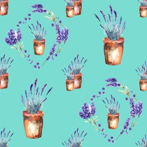 small watercolor lavender garden pots and wreath aqua turquoise blue 