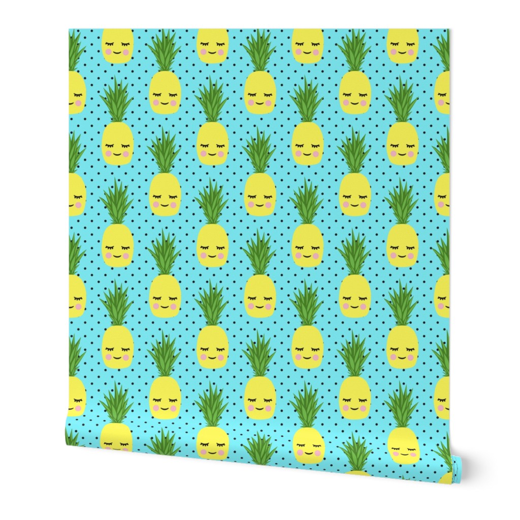 happy pineapples - blue with polka dots