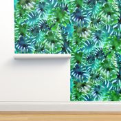 Watercolor Blue & Green Monstera Tropical Leaves Pattern