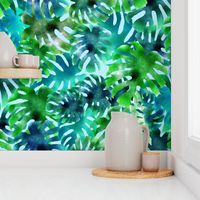 Watercolor Blue & Green Monstera Tropical Leaves Pattern