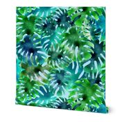 Watercolor Blue & Green Monstera Tropical Leaves Pattern